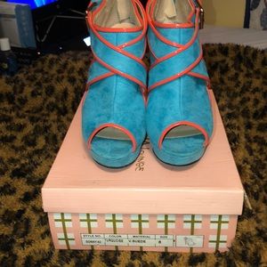 Gently Worn Turquoise and Orange Peep Toe Stiletto Heels